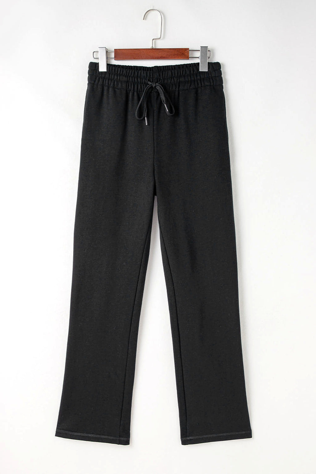 Black Solid Color Fleece Lined Drawstring Waist Casual Pants - enhanced image 7