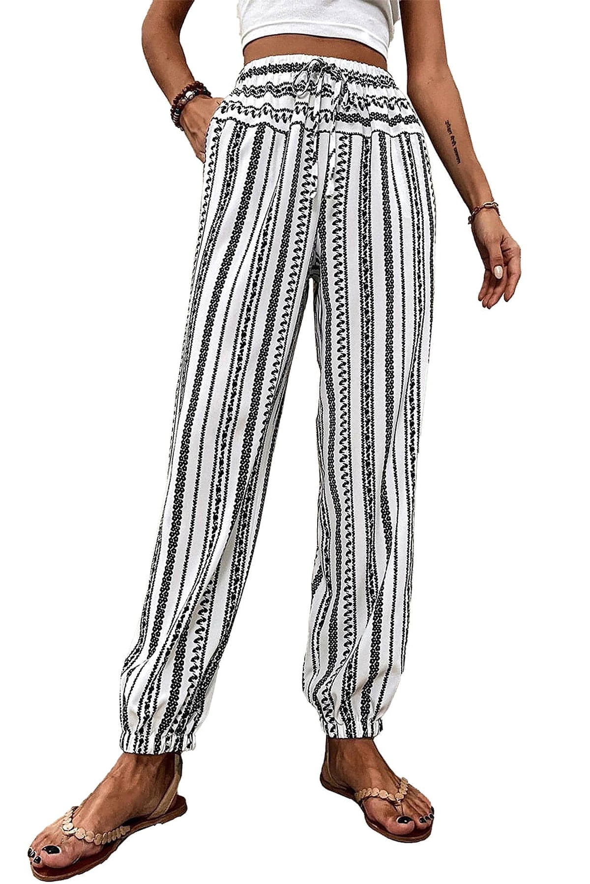 Black Stripe Boho Striped Print Casual Pants - enhanced image 7