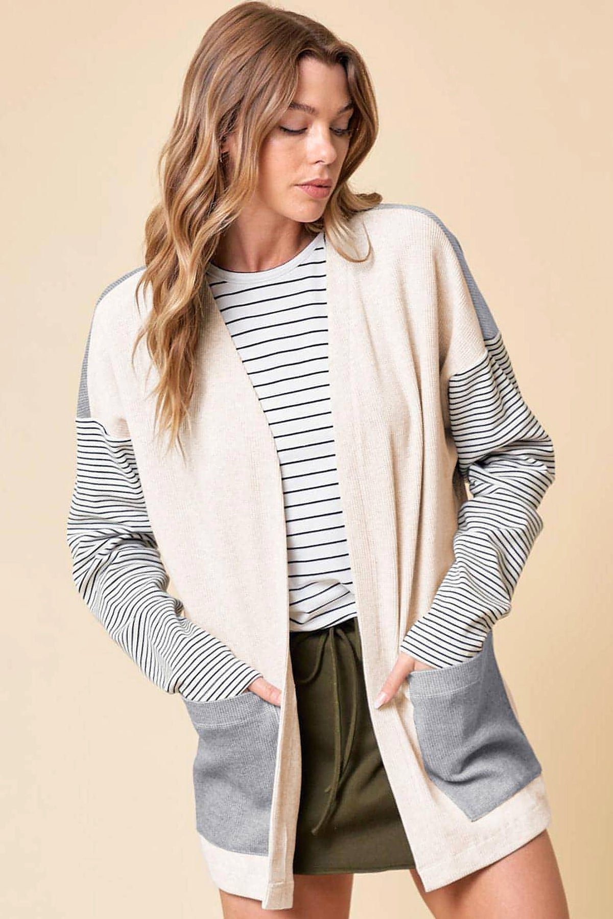 Black Stripe Colorblock Patchwork Open Front Cardigan with Pocket - enhanced image 7