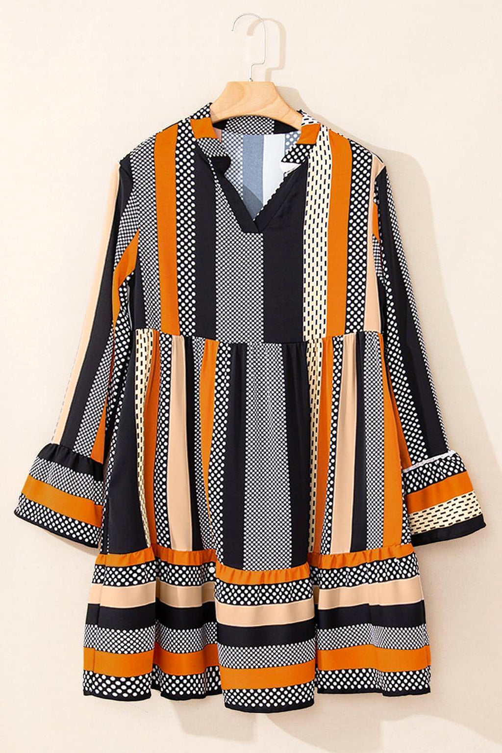 Black Striped Polka Dot Print Ruffled Hem V Neck Mini Dress - enhanced image 7