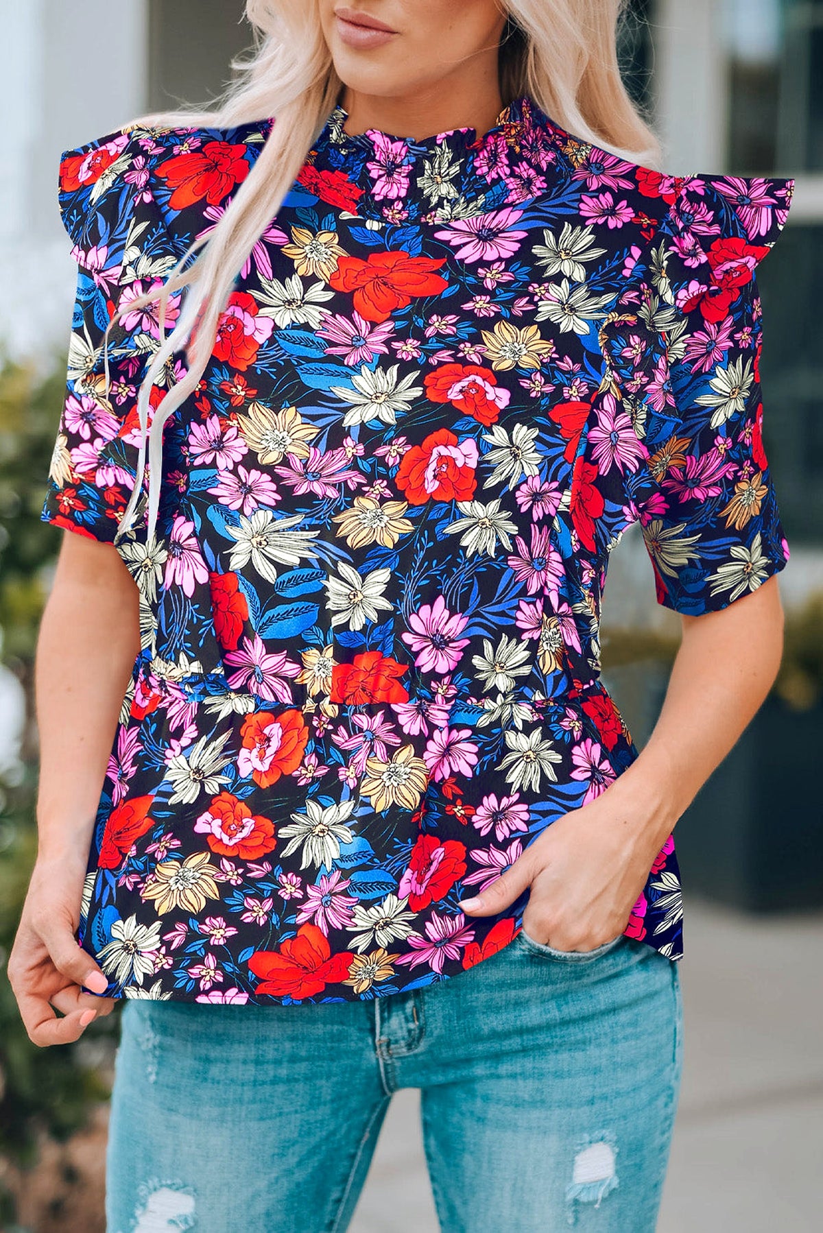 Blue Floral Print Ruffle Peplum Top - enhanced image 7