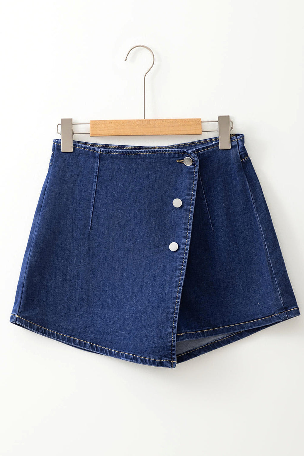 Bluing Asymmetric Wrapped Buttoned High Waist Denim Shorts - enhanced image 7
