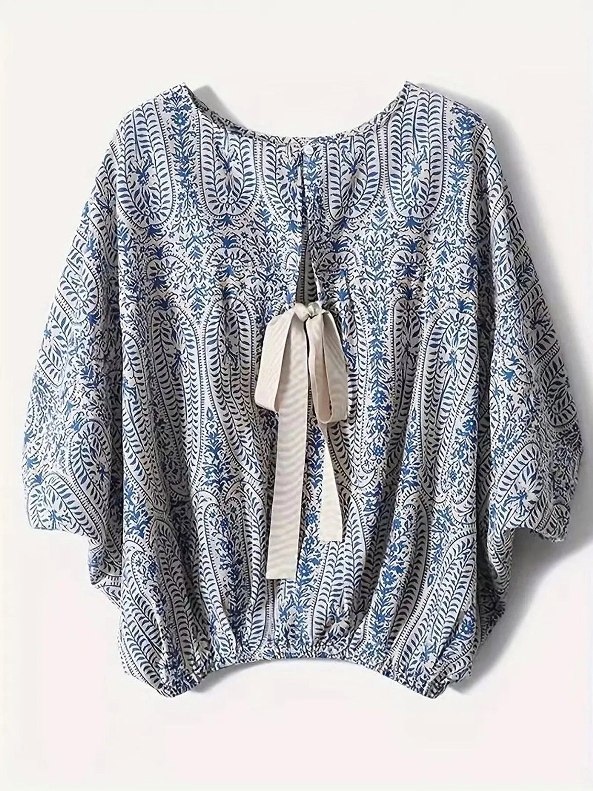 Bohemian Print Round Neck Loose Batwing Sleeve Blouse - enhanced image 7