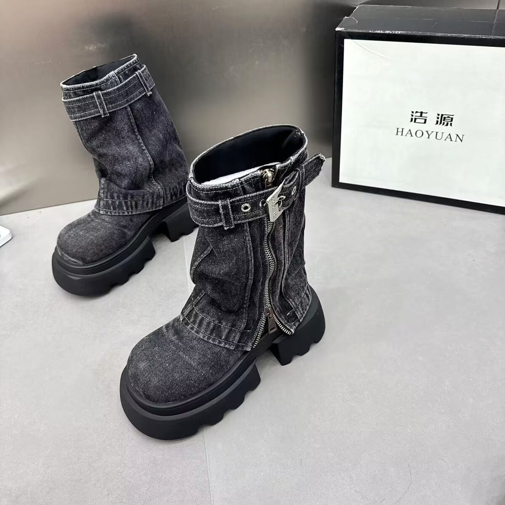 Boots Denim Fake Two Pieces Pile Style Boots Motorcycle Boots - enhanced image 7