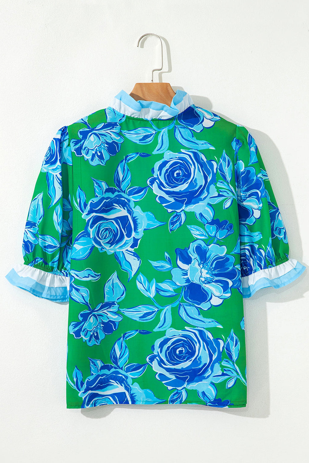 Bright Green Floral Frilled V Neck Short Sleeve Blouse Top - enhanced image 7