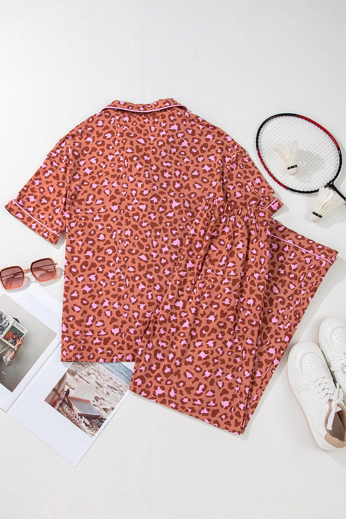 Brown Leopard Print Short Sleeve Shirt and Pants Pajamas Set - enhanced image 7
