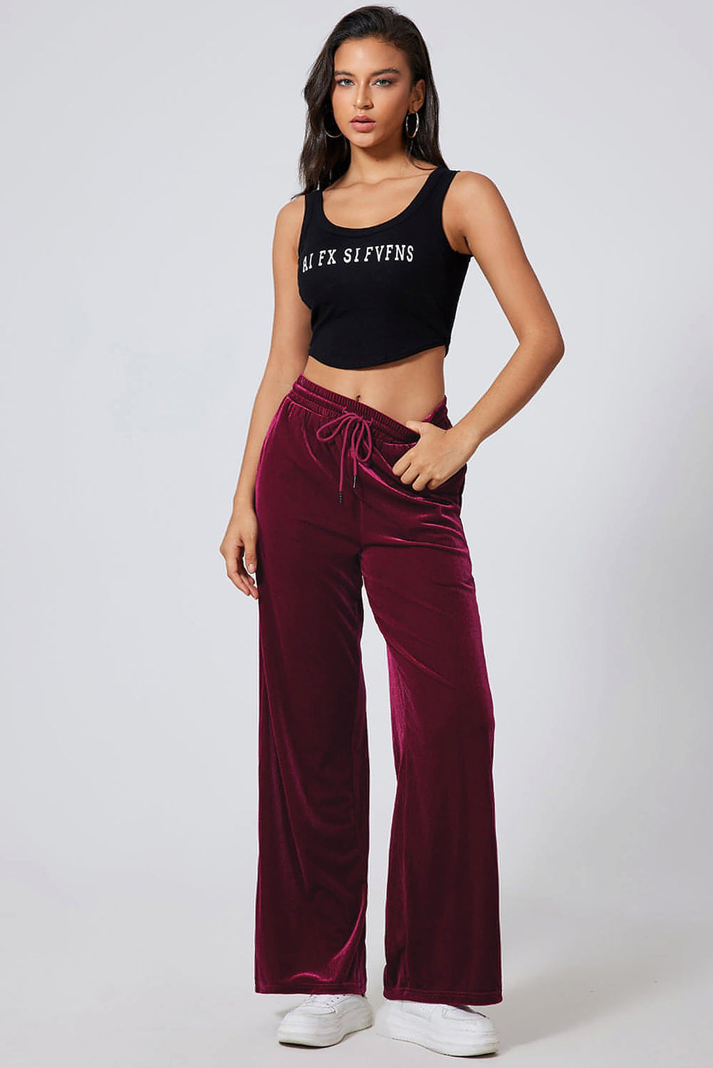 Burgundy Solid Drawstring Waist Wide Leg Pants - enhanced image 7