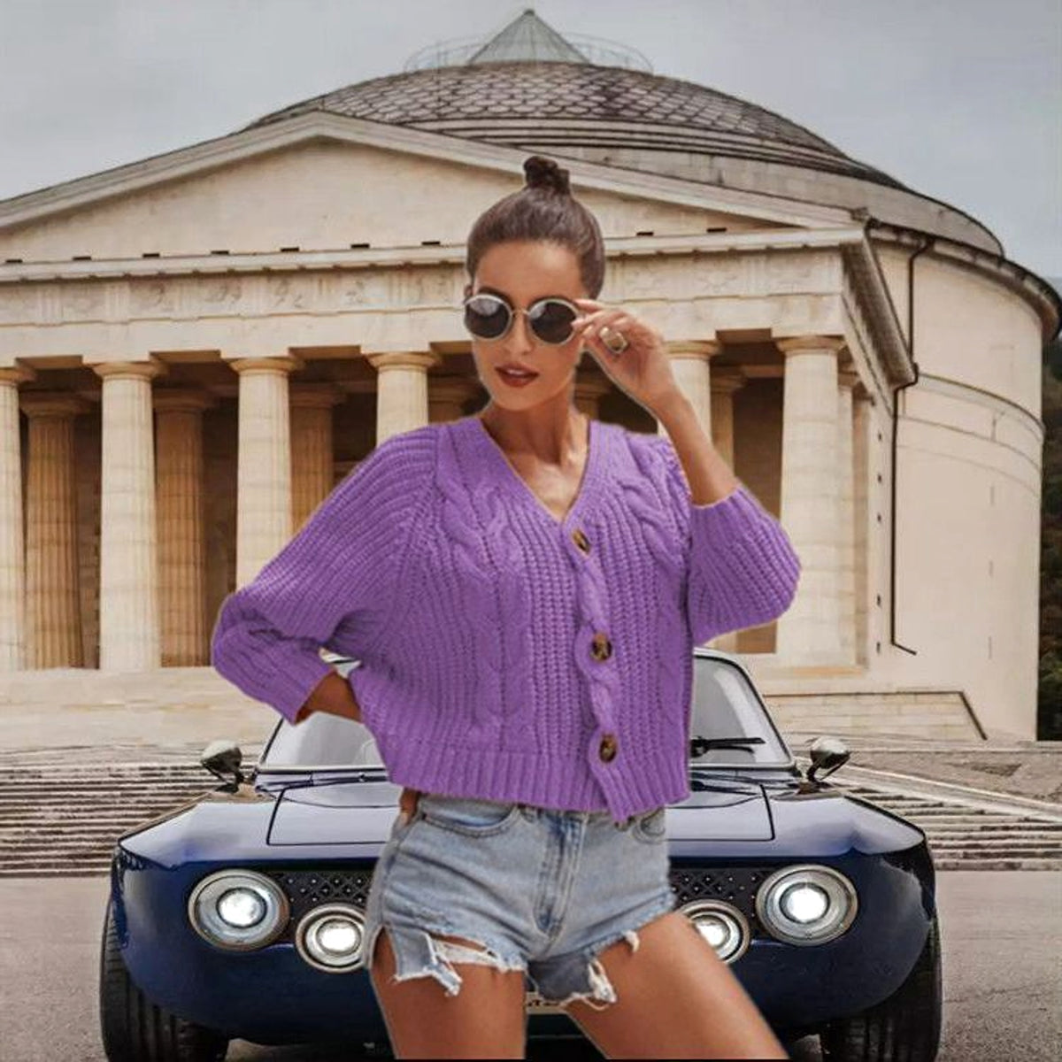 A.1 Button Solid Color Sweaters Short Loose Women - enhanced image 7