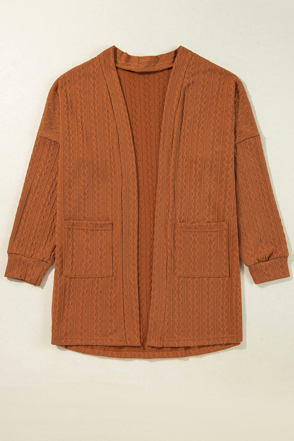 Chestnut Textured Knit Side Pockets Open Front Cardigan - enhanced image 7