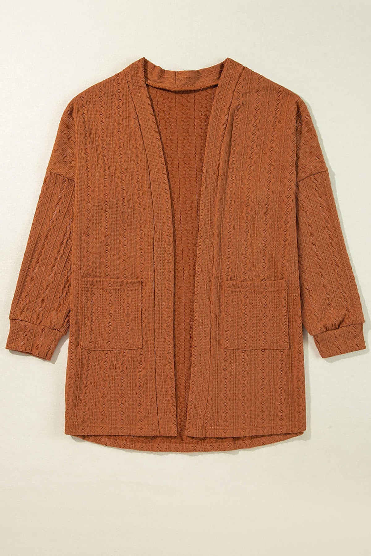 Chestnut Textured Knit Side Pockets Open Front Cardigan - enhanced image 7