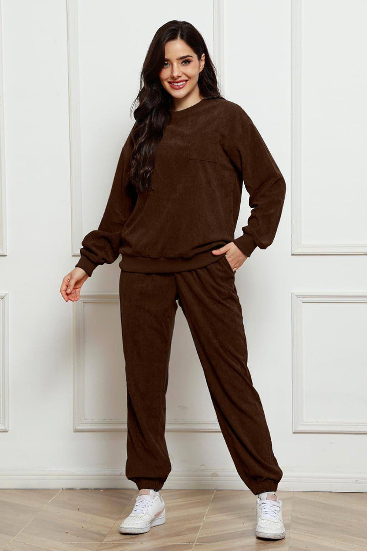 Corduroy Round Neck Sweatshirt and Sweatpants Set - enhanced image 7