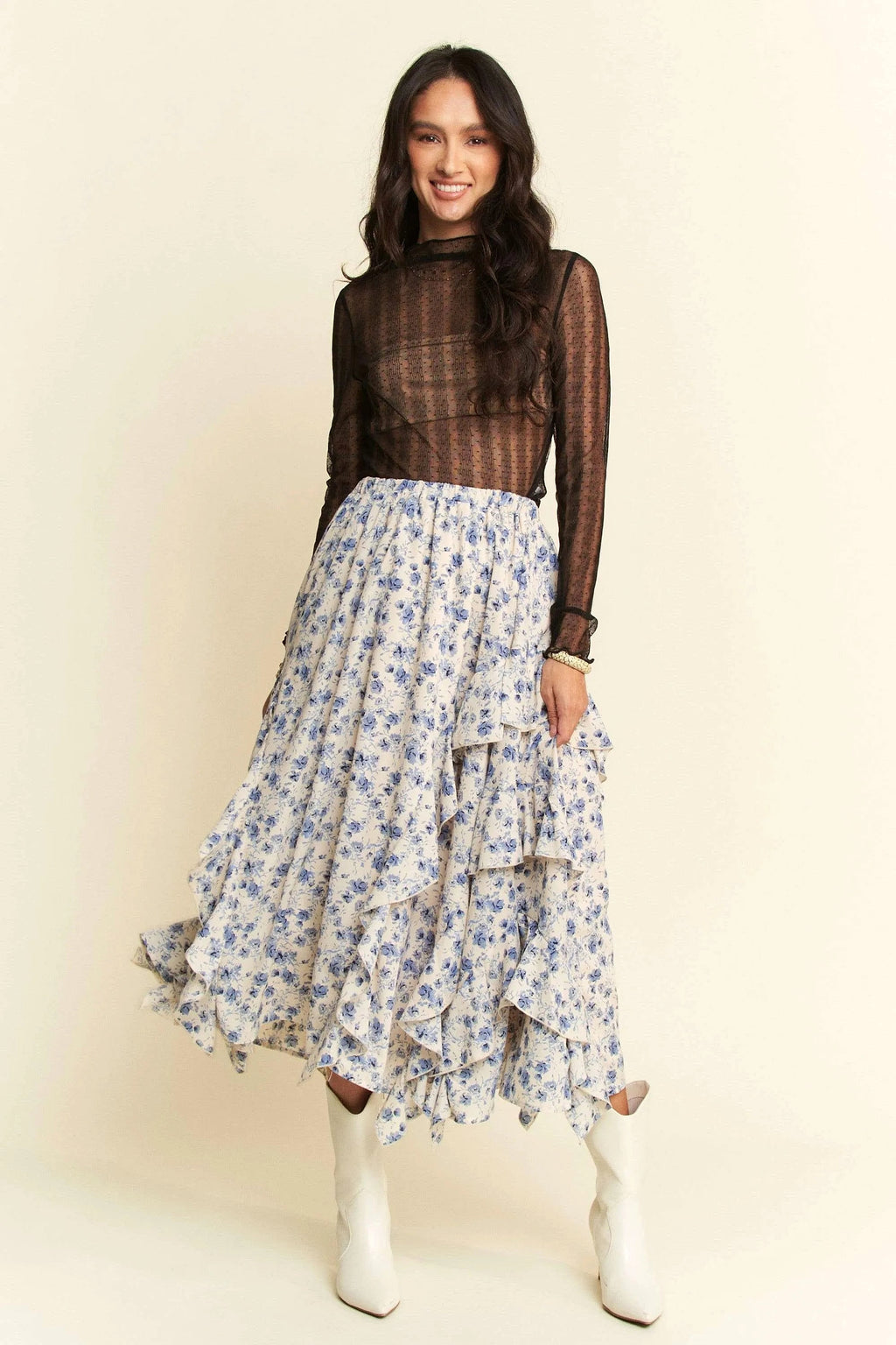 Davi & Dani Turtle Neck Lace Dotted Stretch Mesh Sheer Top - enhanced image 7