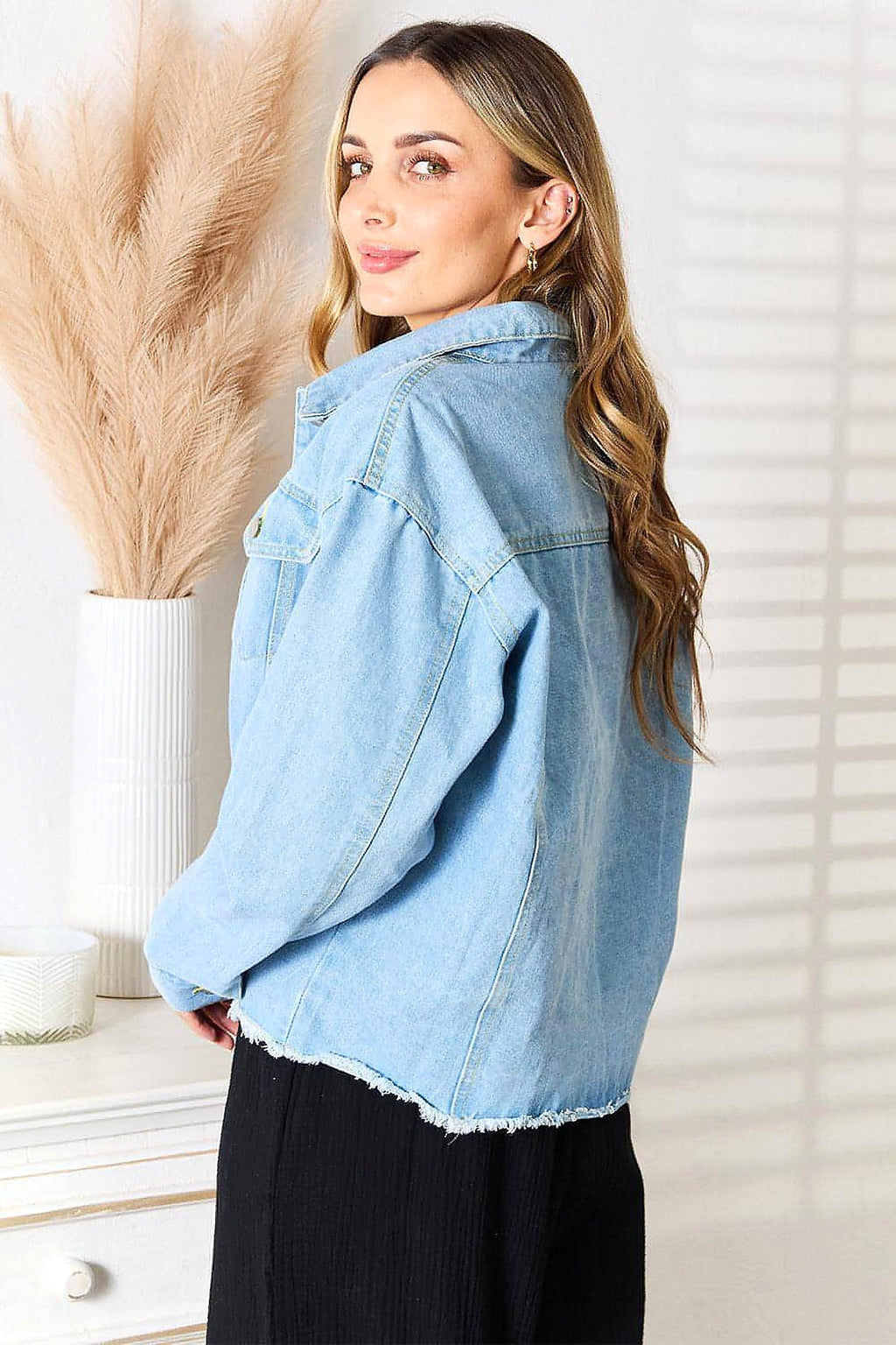 Double Take Dropped Shoulder Raw Hem Denim Jacket - enhanced image 7