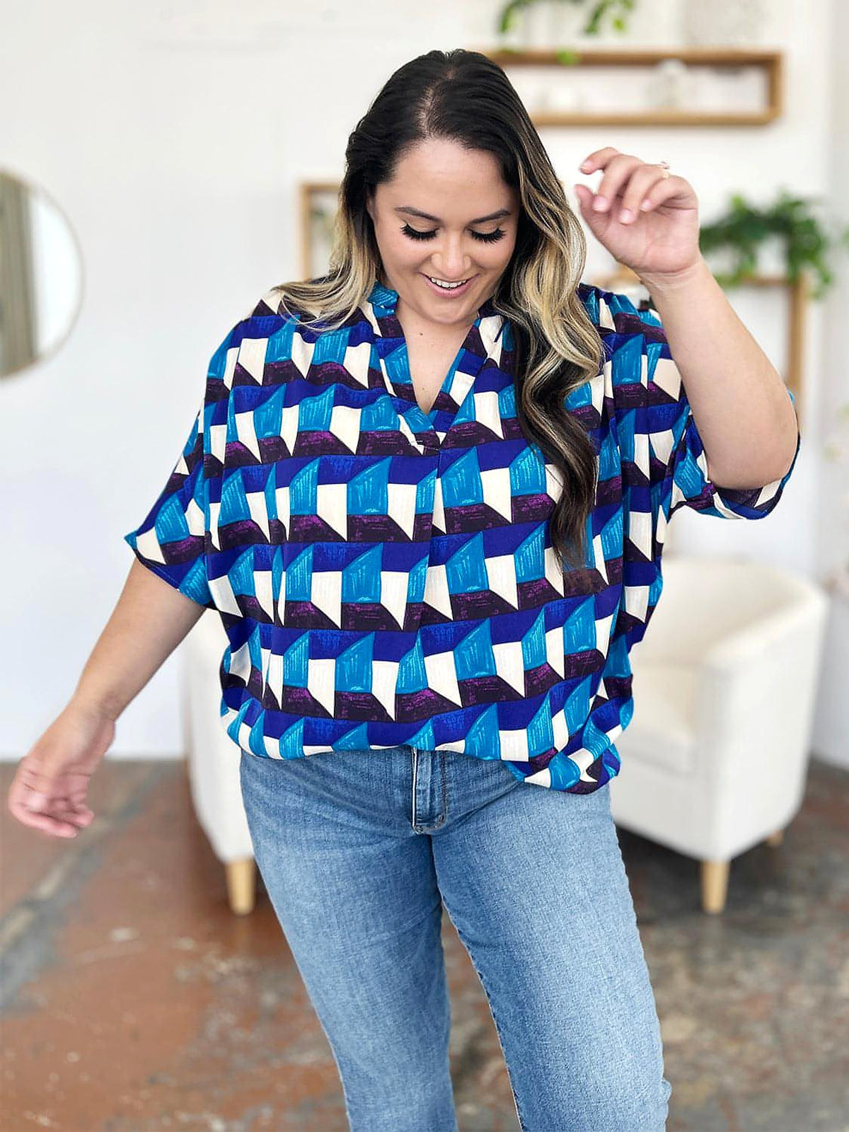 Double Take Full Size Geometric Notched Half Sleeve Blouse - enhanced image 7