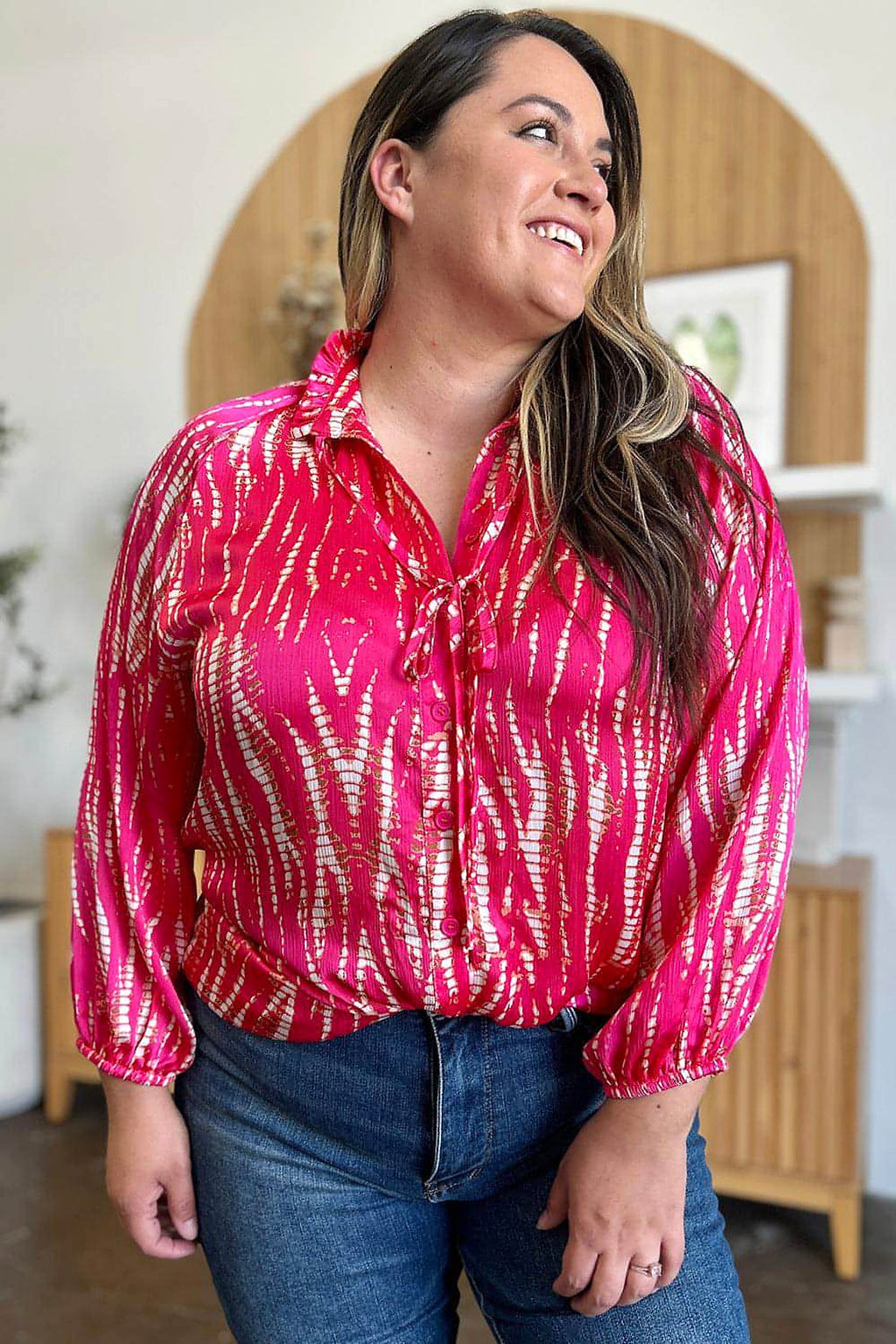 Double Take Full Size Printed Button Up Long Sleeve Shirt - enhanced image 7