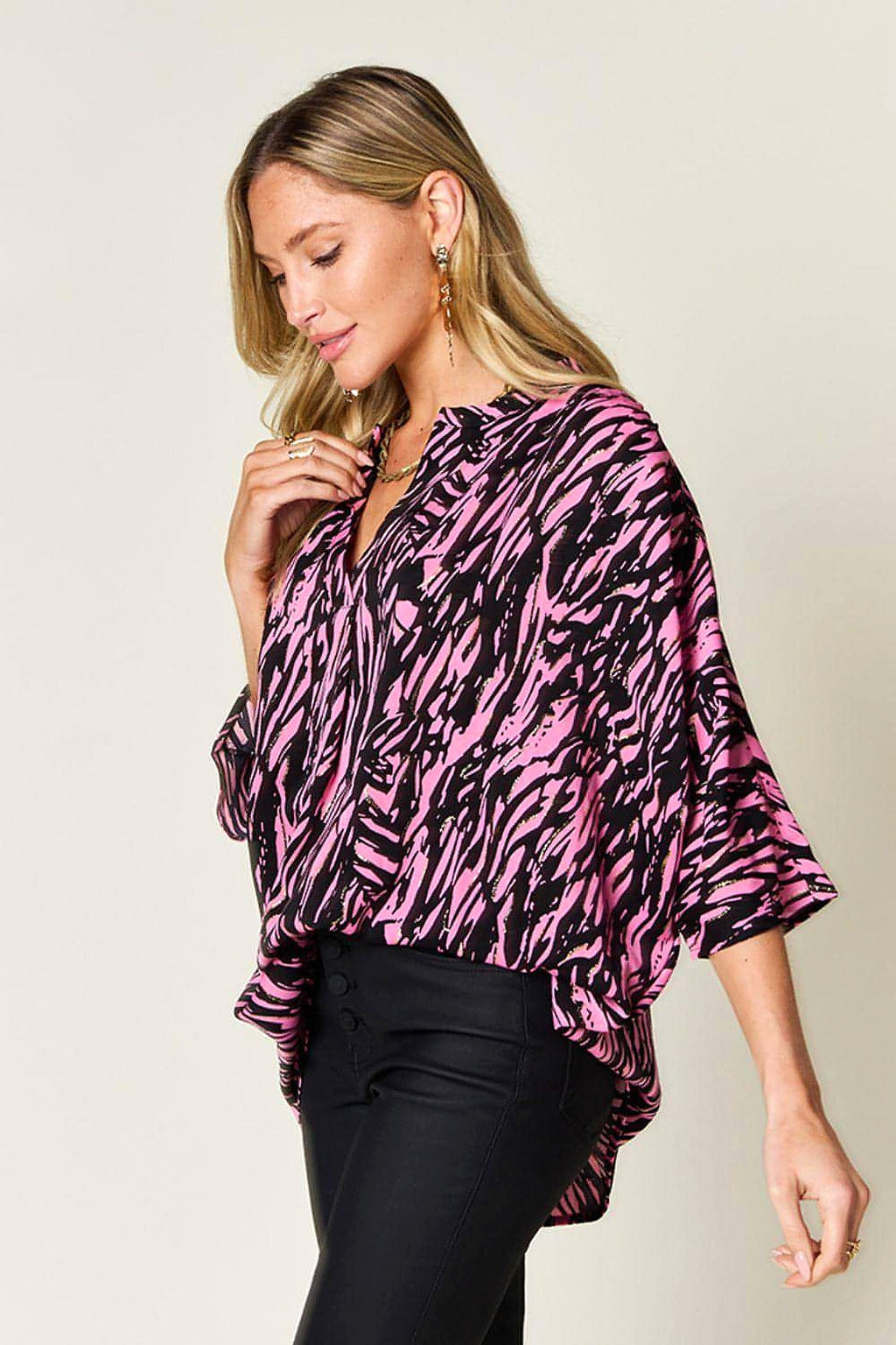 Double Take Full Size Printed Notched Three-Quarter Sleeve Blouse - enhanced image 7