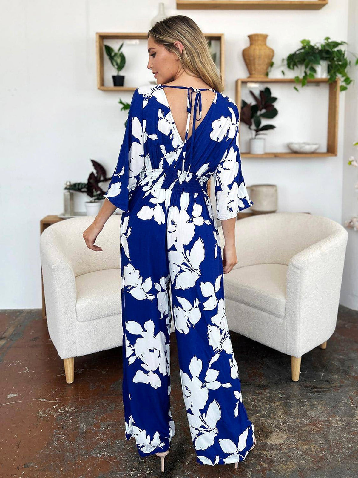 Double Take Full Size Printed Tie Back Wide Leg Jumpsuit - enhanced image 7