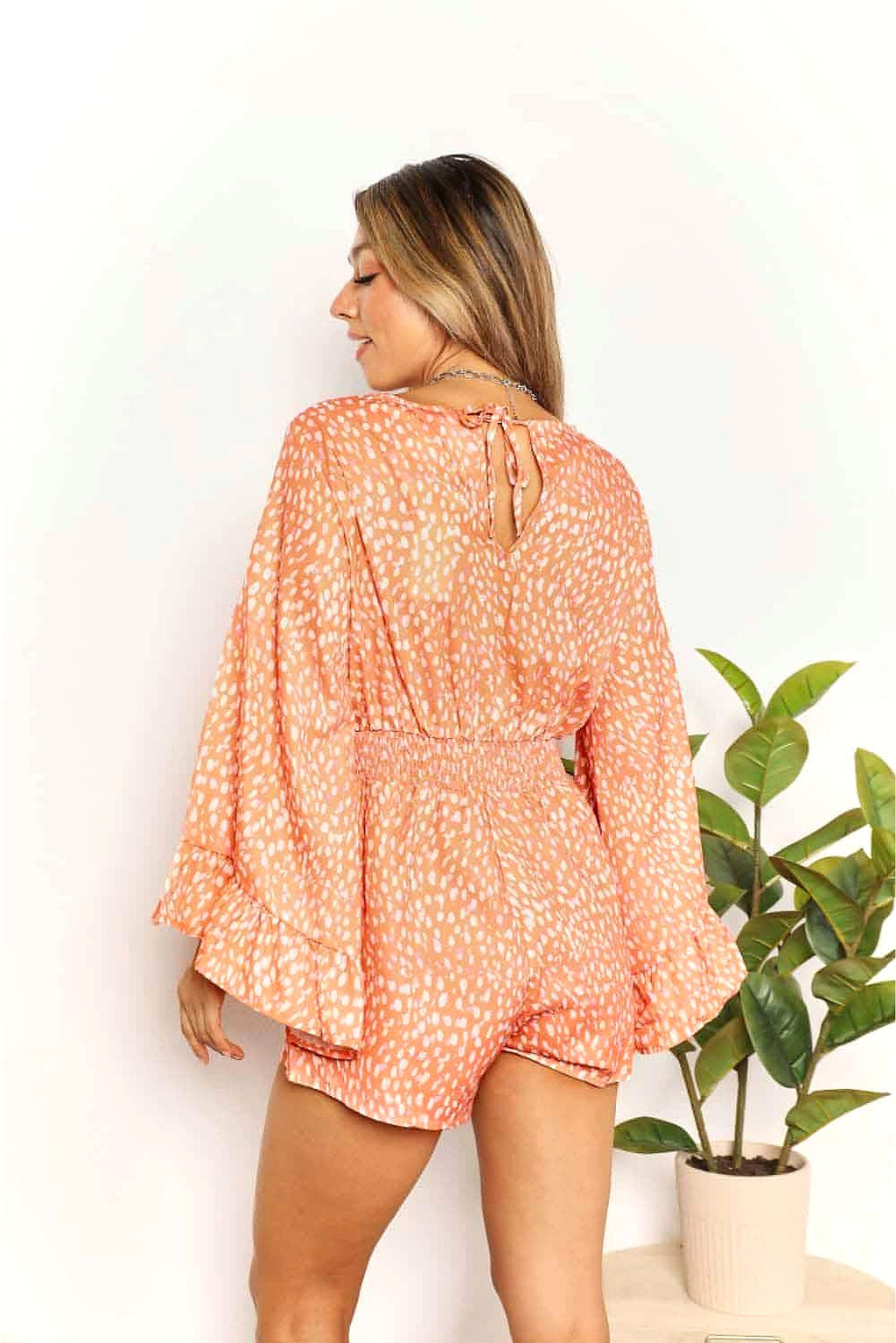 Double Take Printed Flare Sleeve Surplice Romper - enhanced image 7