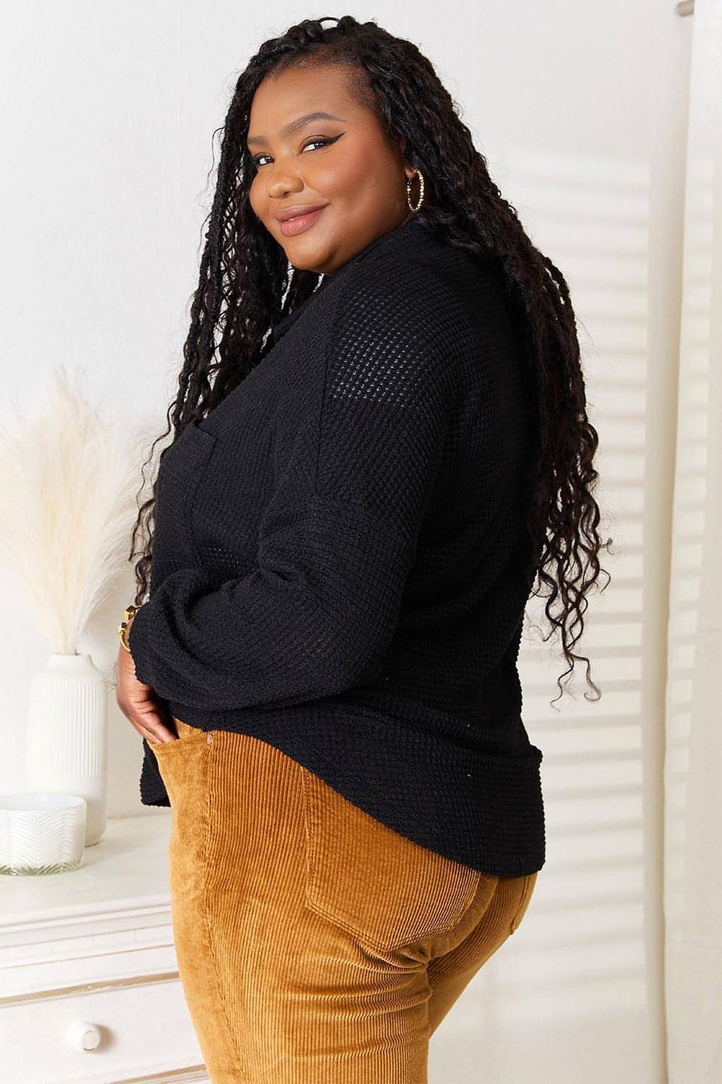 Double Take Waffle-Knit Collared Neck Dropped Shoulder Shirt - enhanced image 7