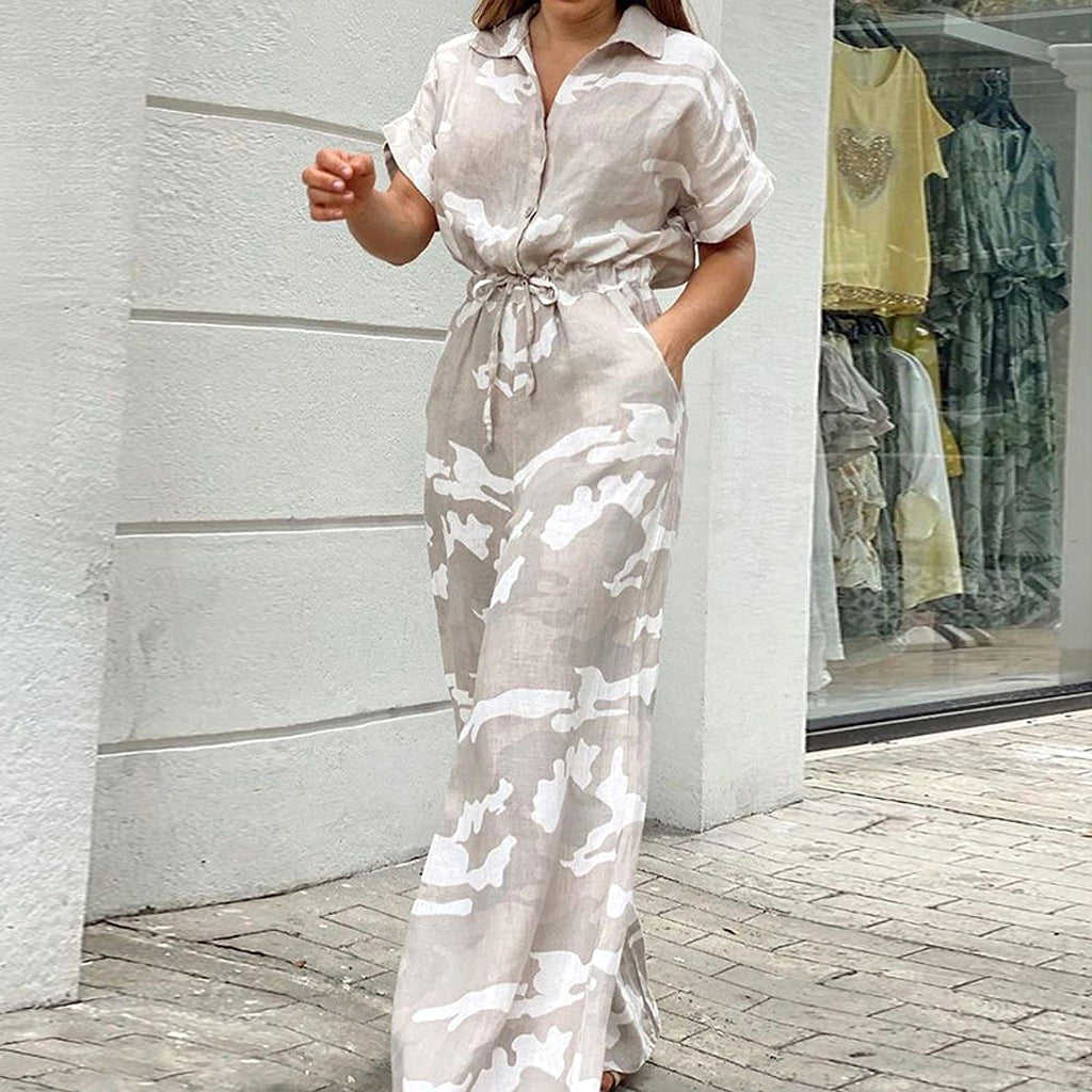 Fashion Polo Collar Printed Button Lace-up Jumpsuit - enhanced image 7