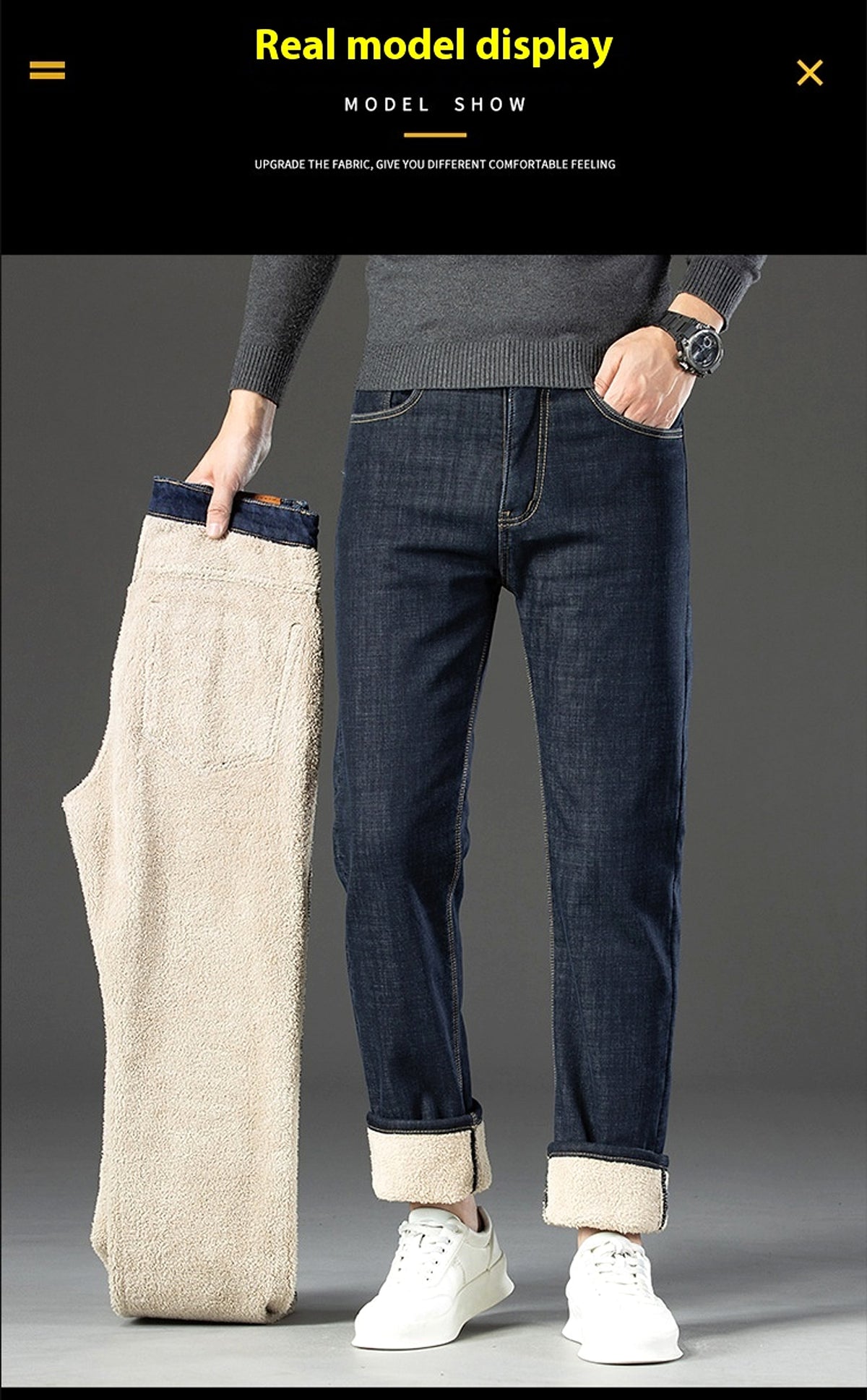 Fleece Lined Padded Warm Keeping Jeans For Men - enhanced image 7