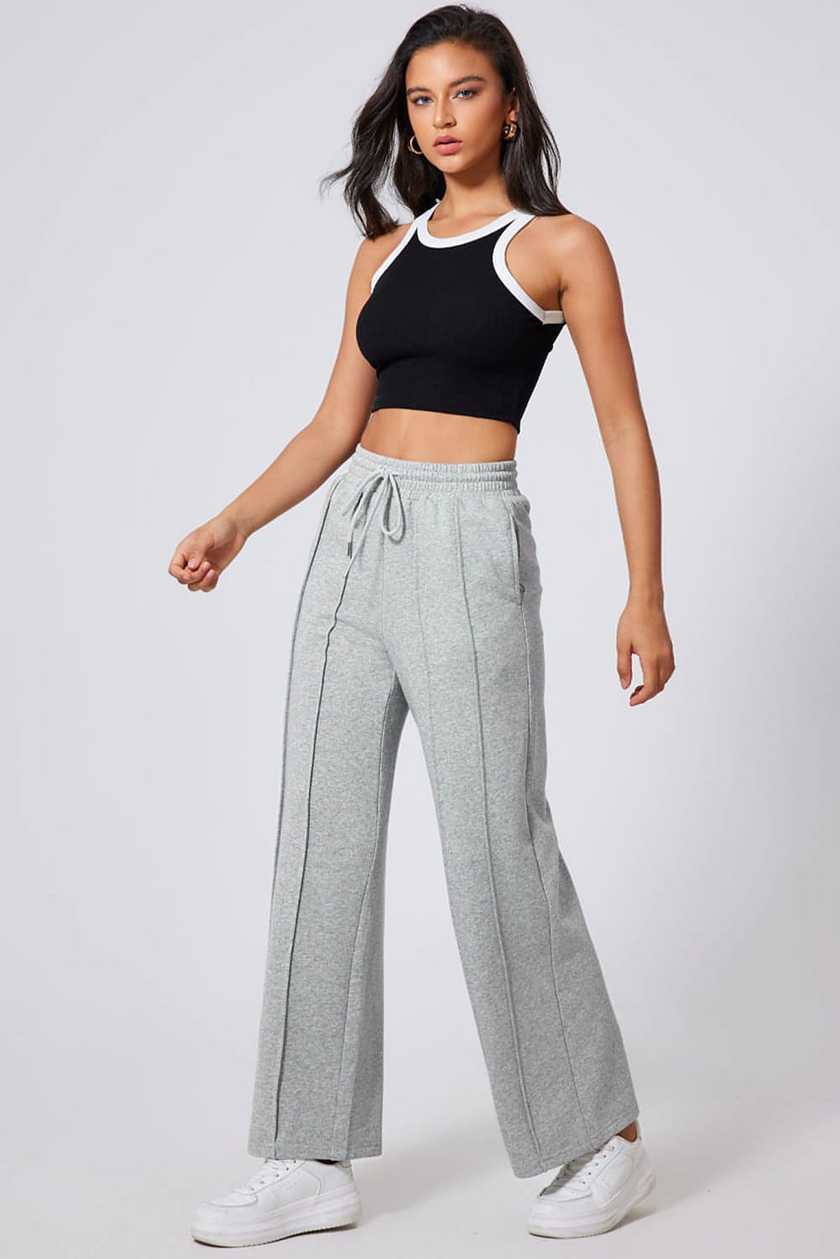 Gray Seamed Drawstring High Waist Wide Leg Sweatpants - enhanced image 7