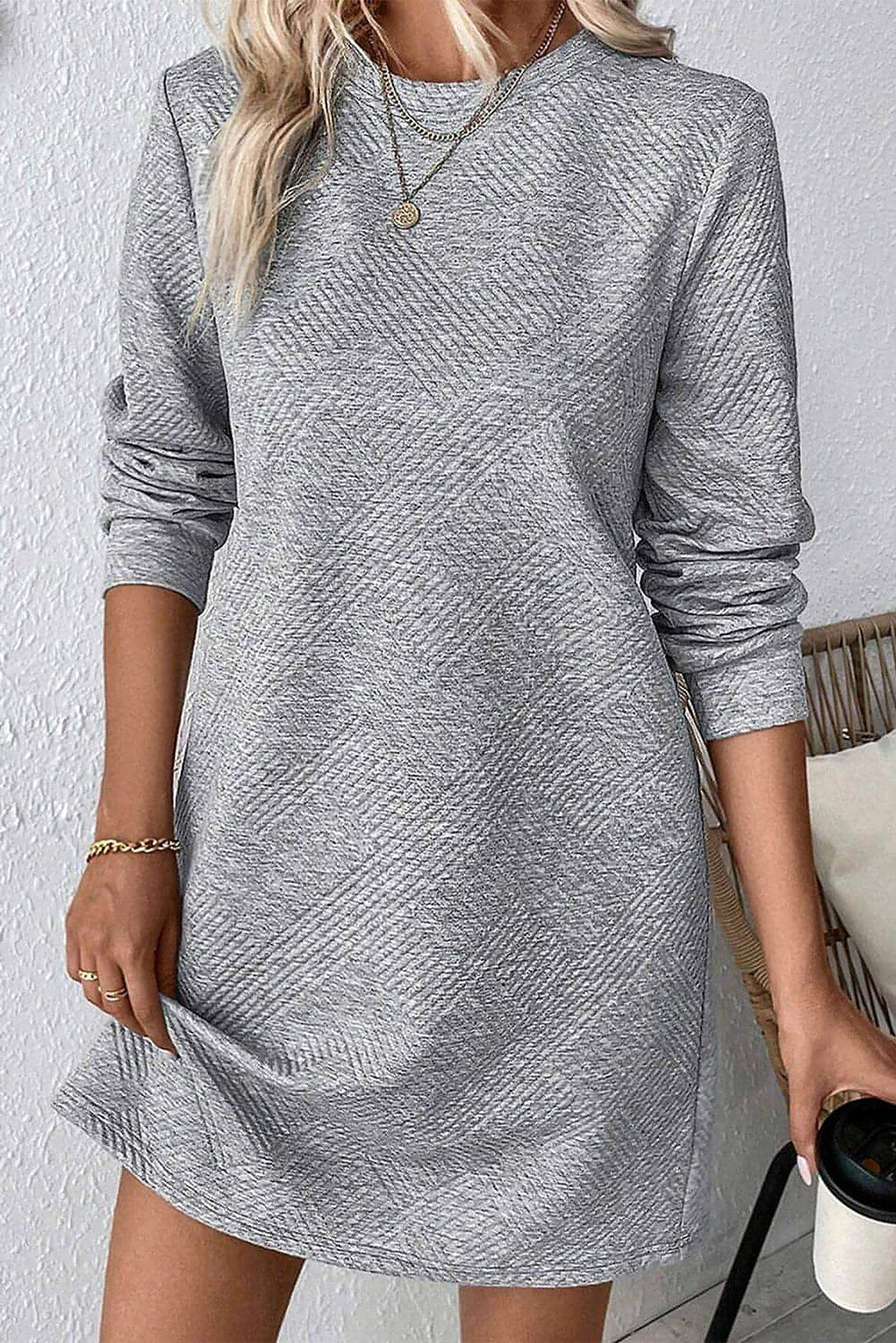 Gray Solid Color Textured Long Sleeve Shift Dress - enhanced image 7