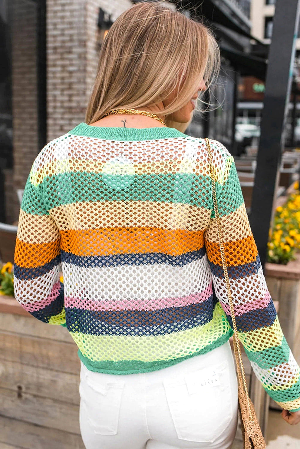 Green Colorblock Patchwork Knit Crochet Eyelet Sweater - enhanced image 7