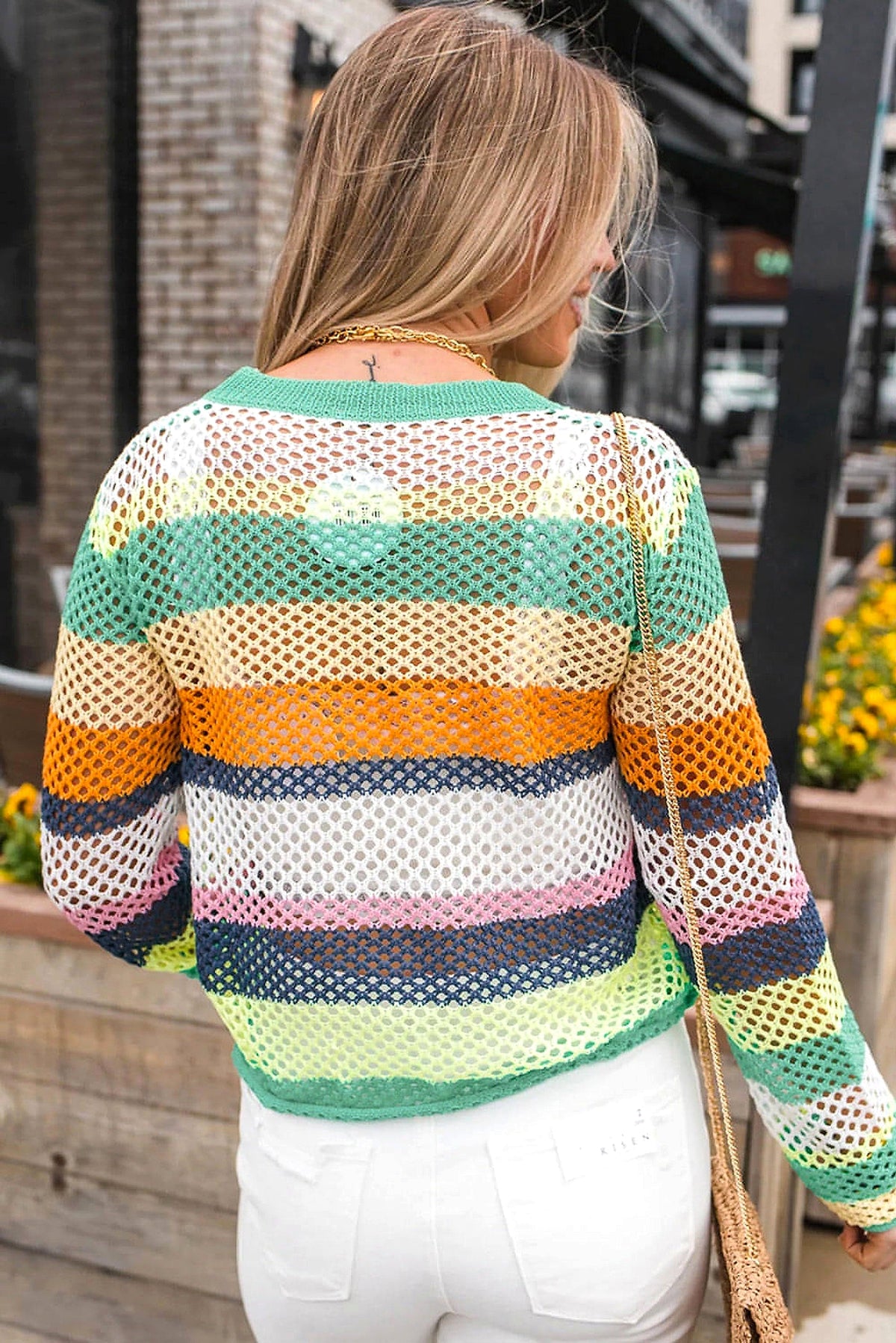 Green Colorblock Patchwork Knit Crochet Eyelet Sweater - enhanced image 7