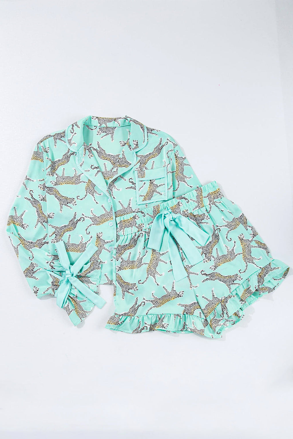 Green Leopard Satin Ruffle Pajama Short Set - enhanced image 7