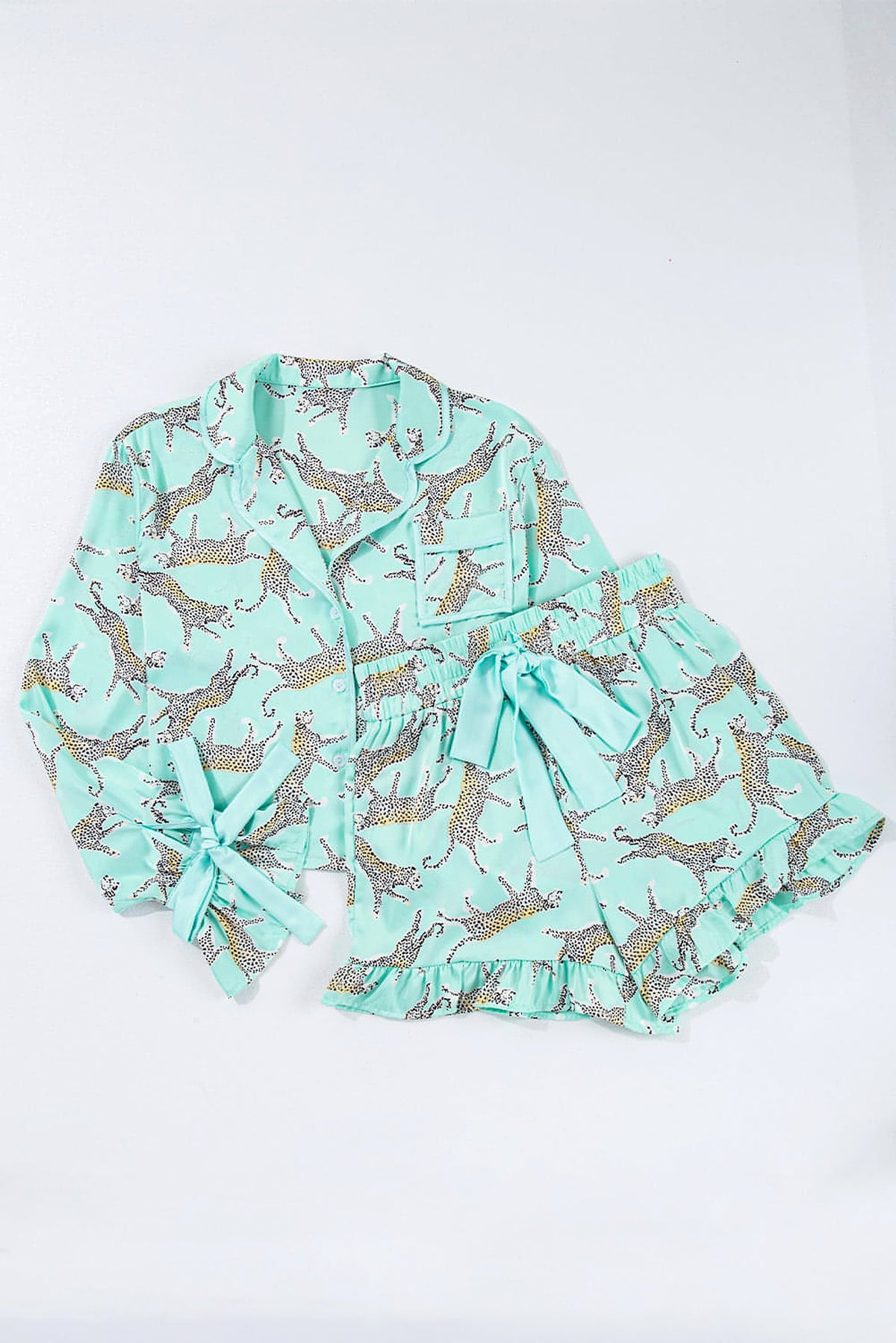 Green Leopard Satin Ruffle Pajama Short Set - enhanced image 7