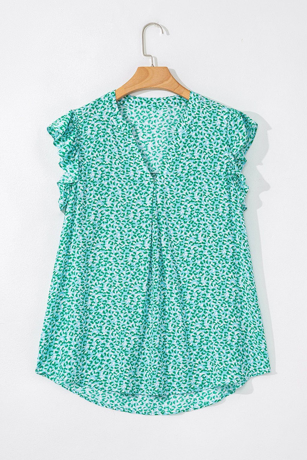 Green Notched V Neck Leopard Ruffle Short Sleeve Blouse - enhanced image 7