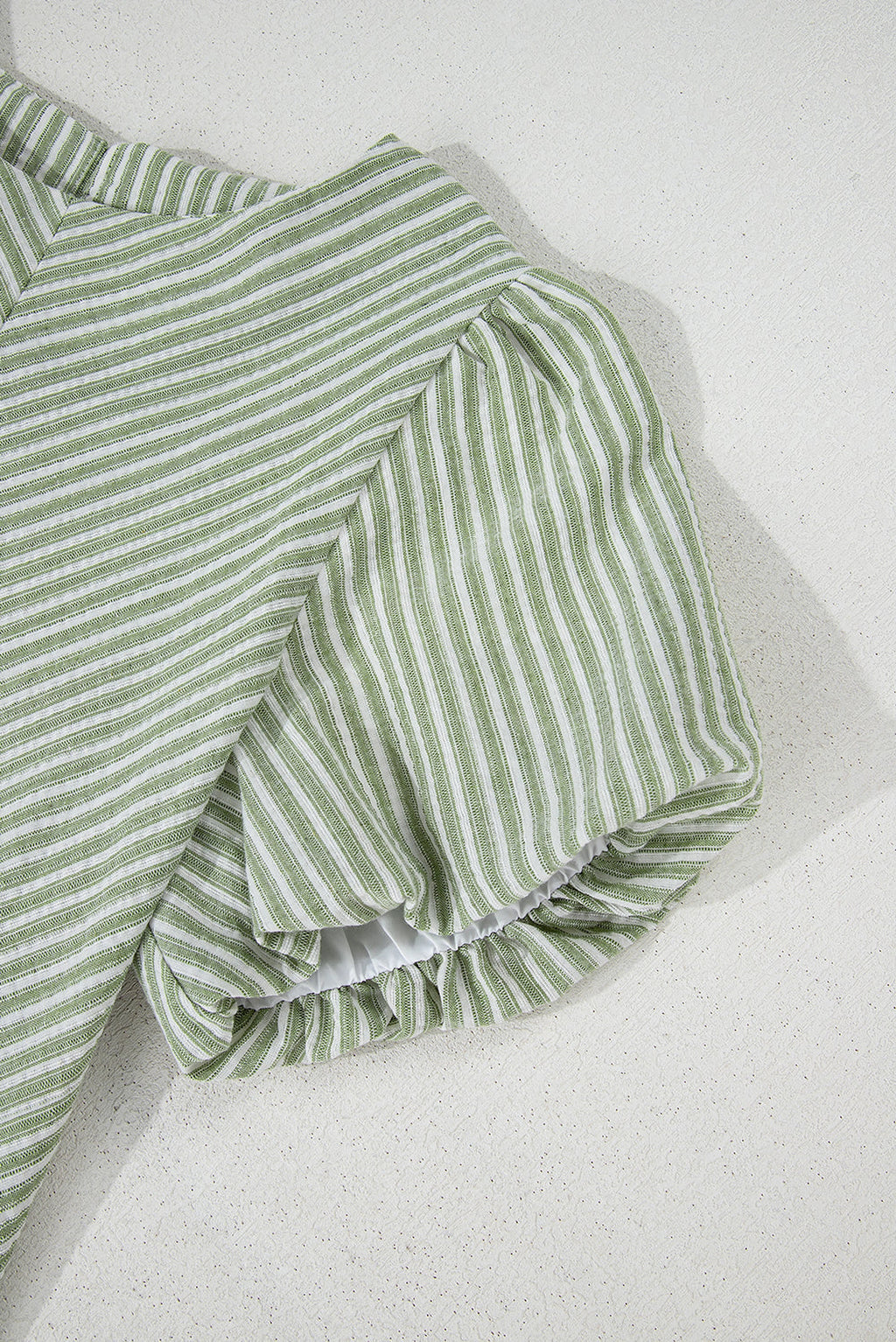 Green Stripe Textured Round Neck Short Puff Sleeve Blouse - enhanced image 7