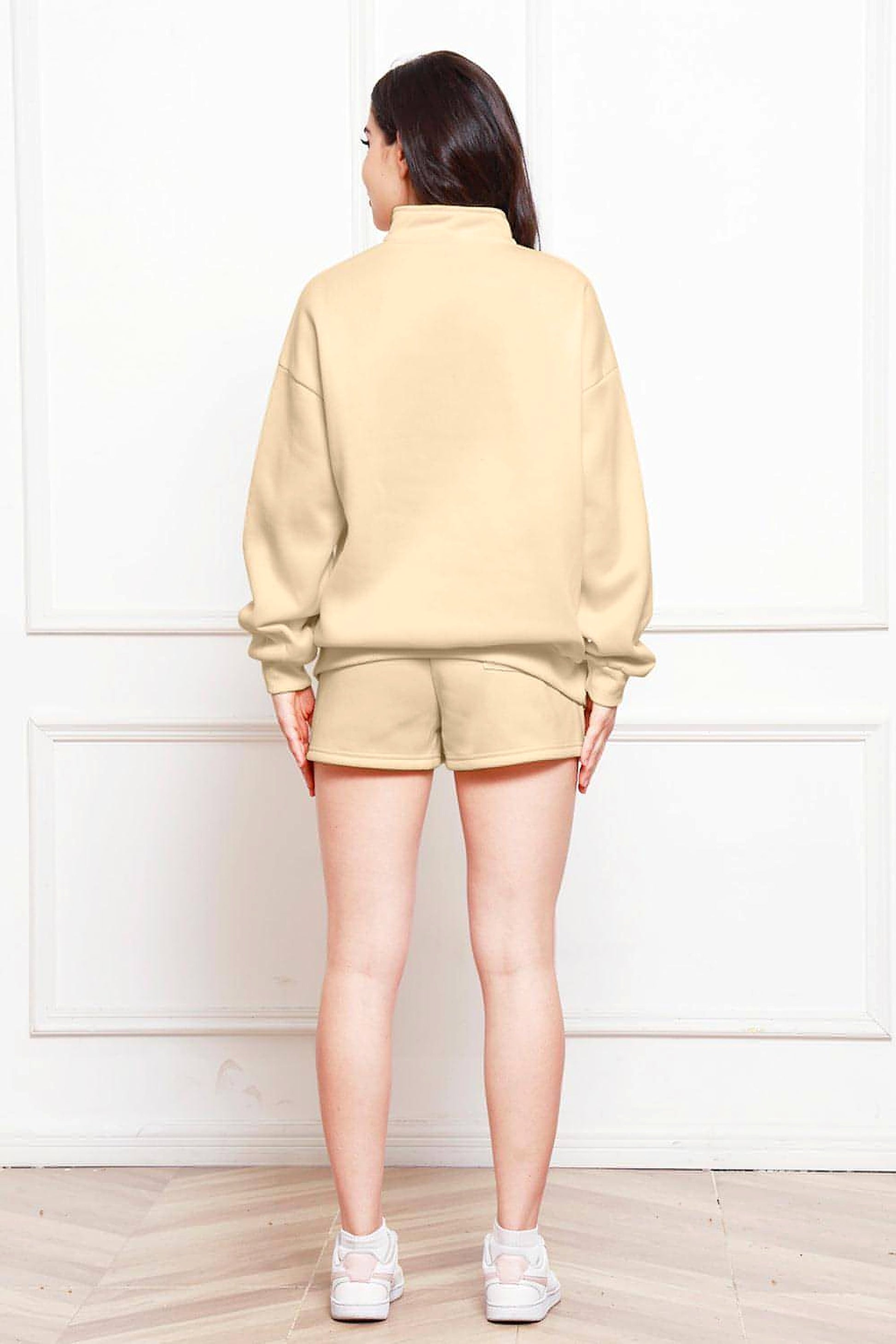 Half Zip Long Sleeve Sweatshirt and Drawstring Shorts Set - enhanced image 7