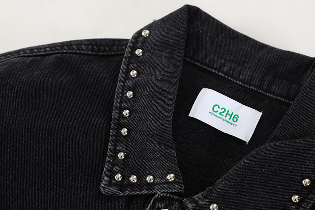 Heavy Beaded Black Denim Jacket For Men And Women - enhanced image 7