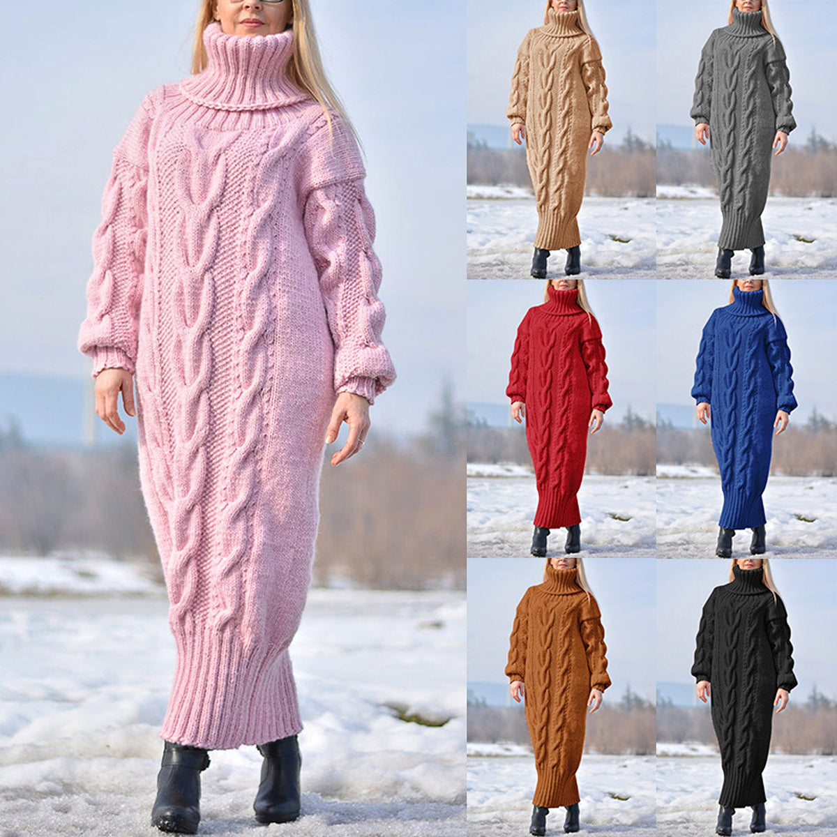High Neck Pullover Cable Loose Knitted Wool Dress - enhanced image 7