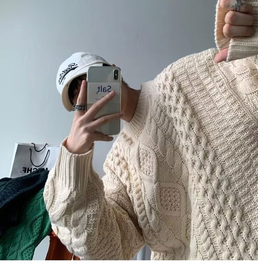 Japanese Stitching Contrast Color Cable-knit Sweater Men - enhanced image 7