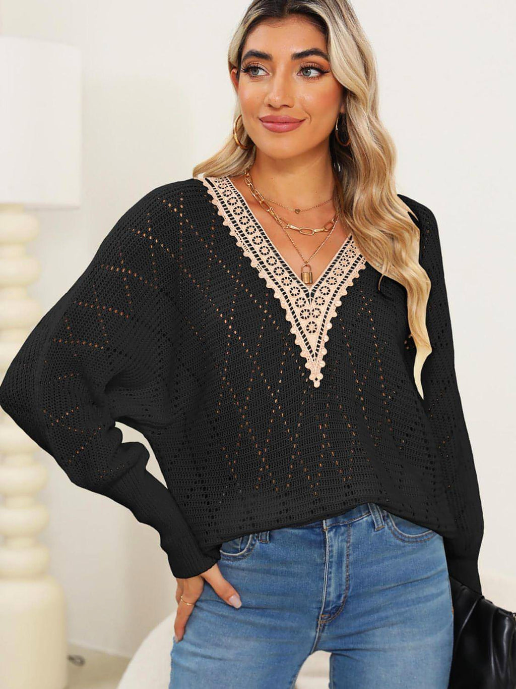 Lace Detail V-Neck Long Sleeve Sweater - enhanced image 7