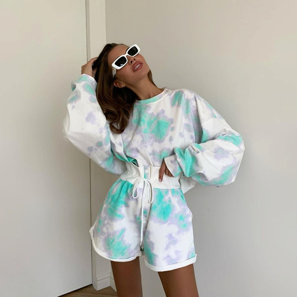 Lace-up Shorts Tie-dye Two-piece Set For Women - enhanced image 7