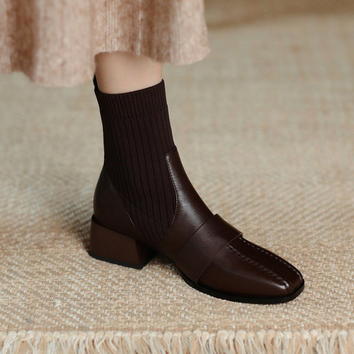 Large Brown Square Toe Mid-heel Soft Leather Shoes - enhanced image 7