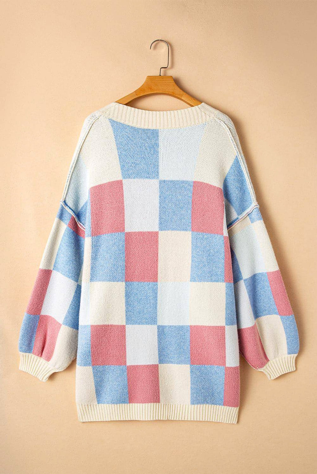 Light Blue Checkered Drop Shoulder Exposed Seam Open Front Cardigan - enhanced image 7