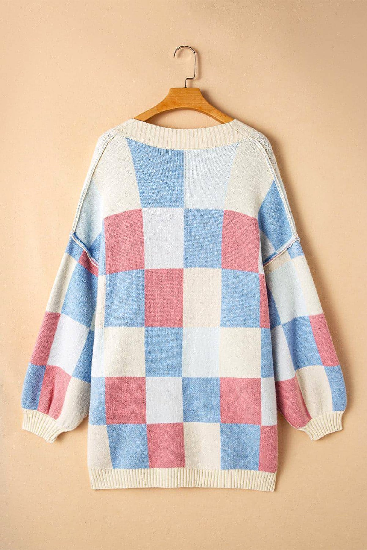 Light Blue Checkered Drop Shoulder Exposed Seam Open Front Cardigan - enhanced image 7