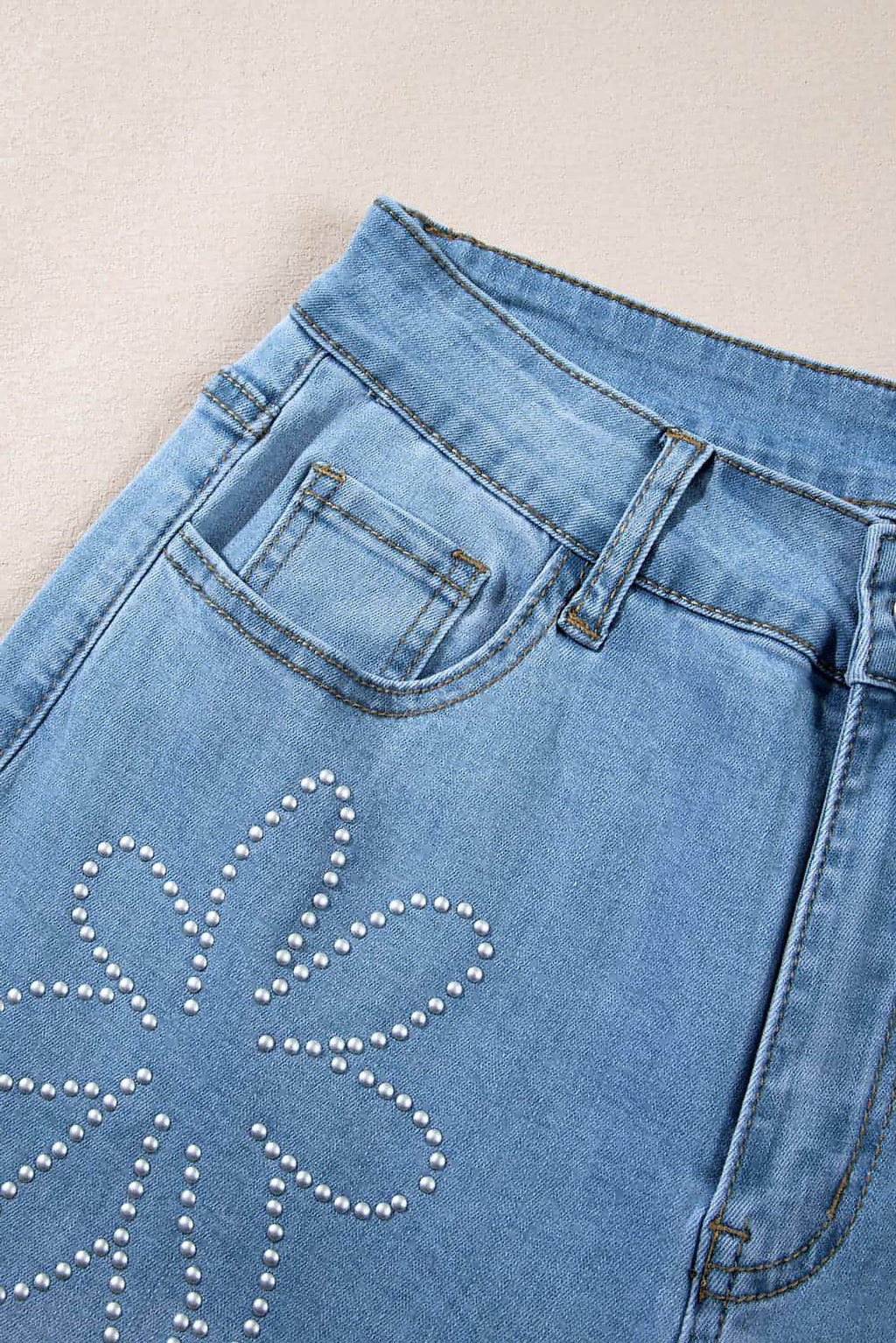 Light Blue Floral Rhinestone Decor High Rise Wide Leg Jeans - enhanced image 7