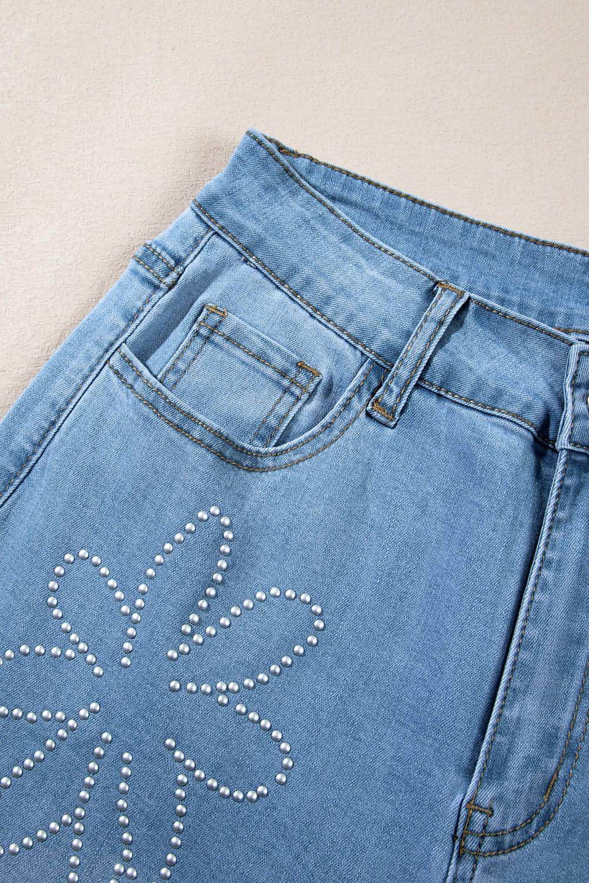 Light Blue Floral Rhinestone Decor High Rise Wide Leg Jeans - enhanced image 7