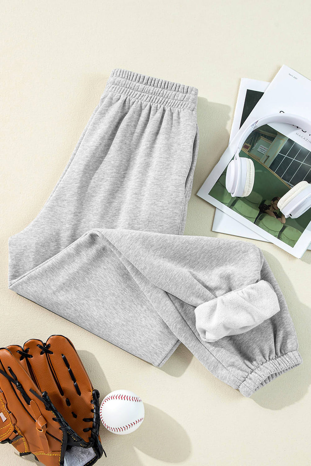 Light Grey Solid Color Fleece Lined Drawstring Waist Joggers - enhanced image 7