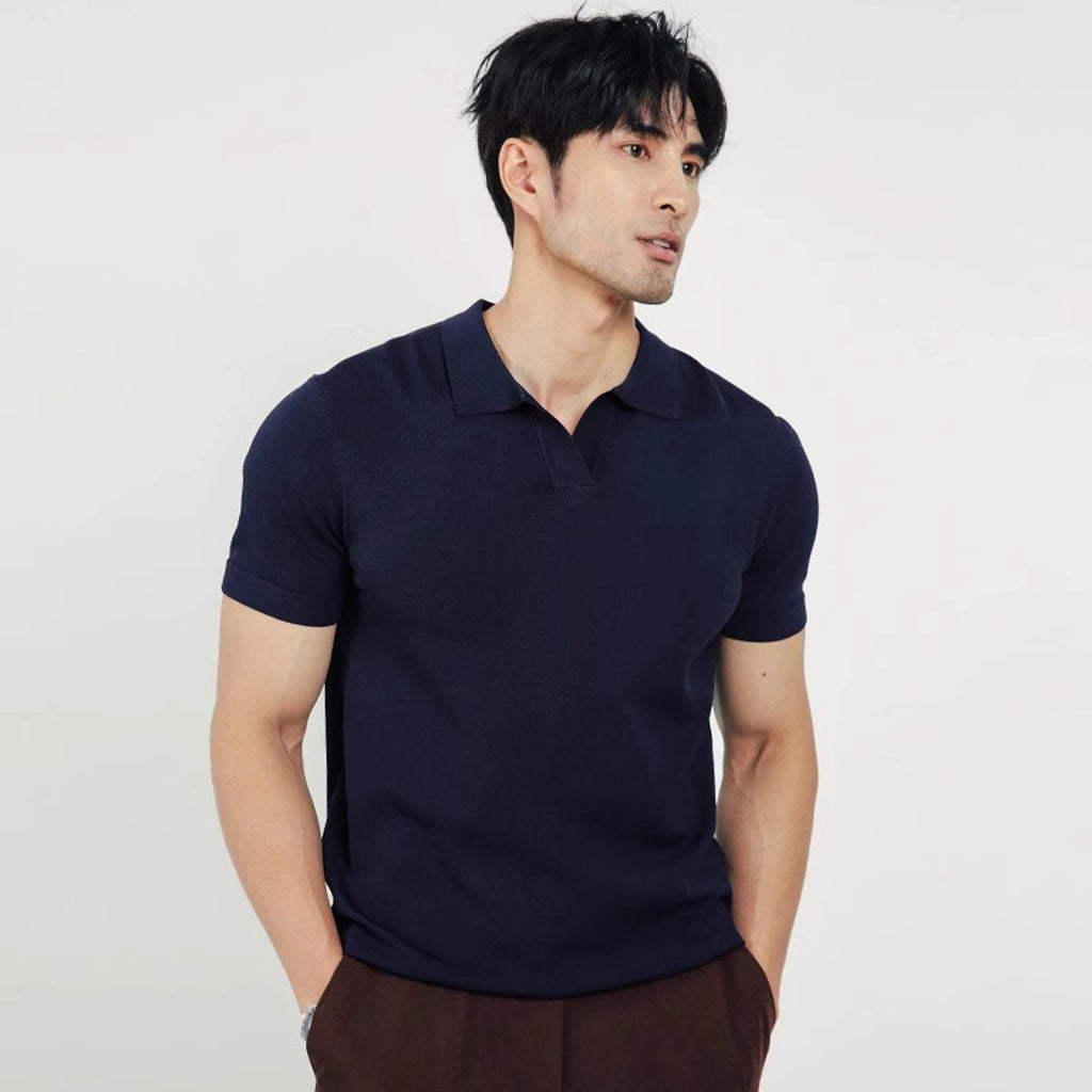 Lightly Mature Men's Lapel Knitted Polo Shirt Solid Color Short Sleeve T-Shirt - enhanced image 7