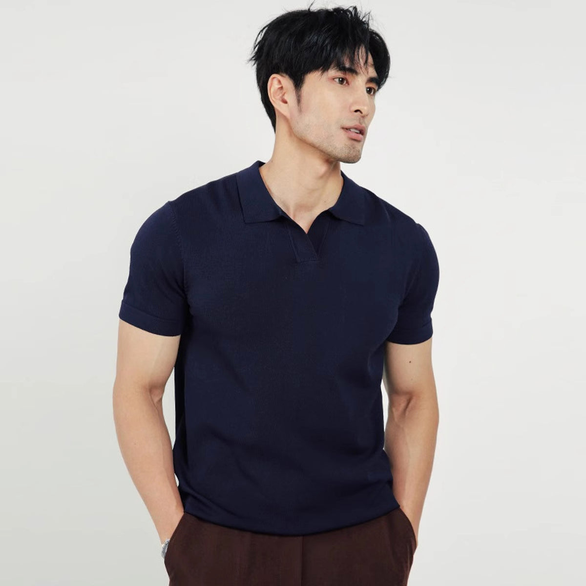 Lightly Mature Men's Lapel Knitted Polo Shirt Solid Color Short Sleeve T-Shirt - enhanced image 7