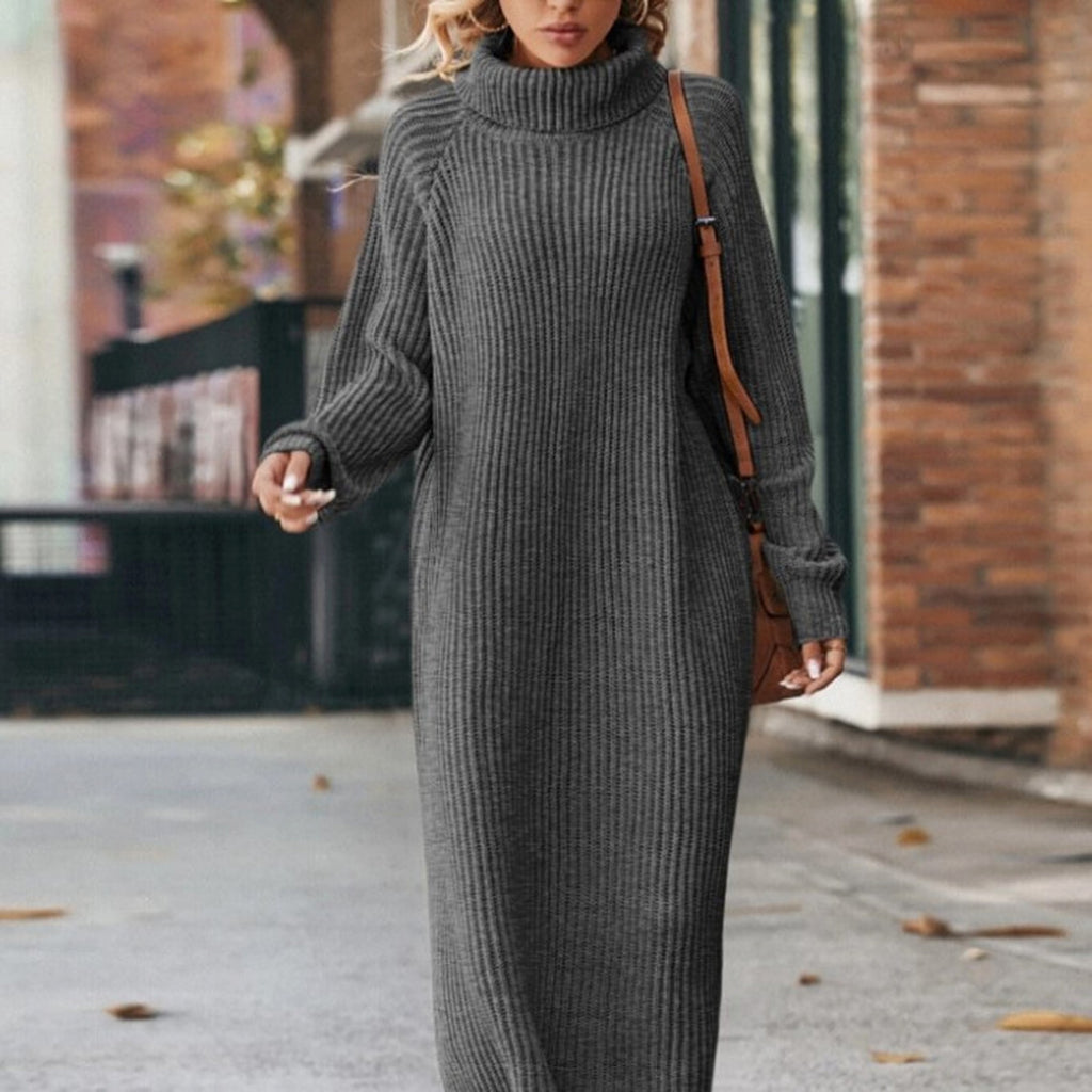 Long Below The Knee Loose High Collar Knitted Dress Sweater - enhanced image 7