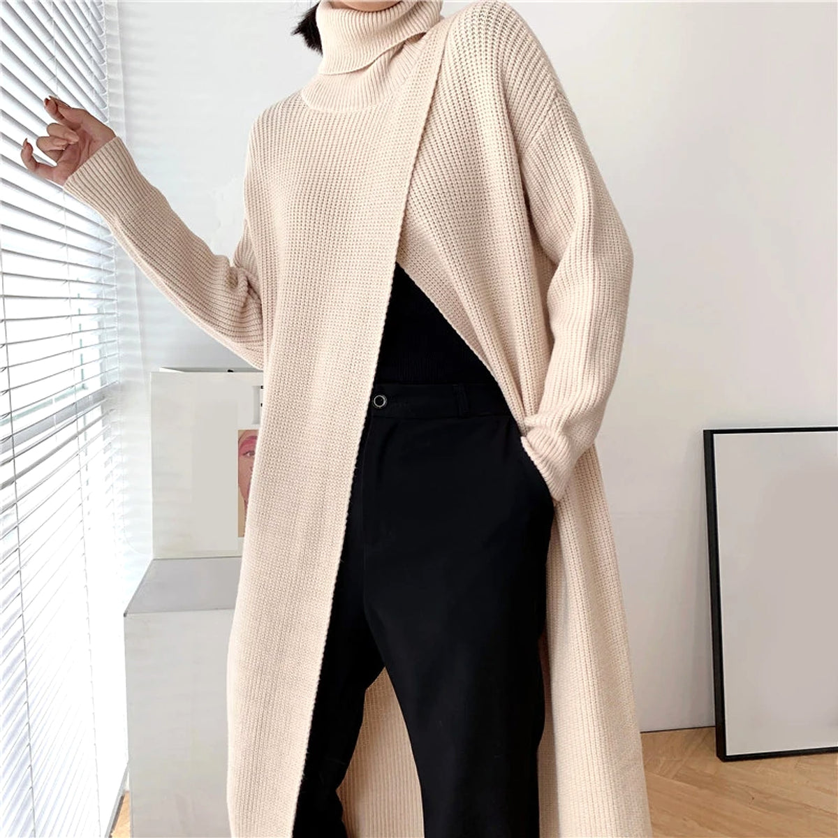 A.1 Long Knit Turtleneck Sweater Long Skirt Pullover Bottoming With Slits And Slim Fit - enhanced image 7