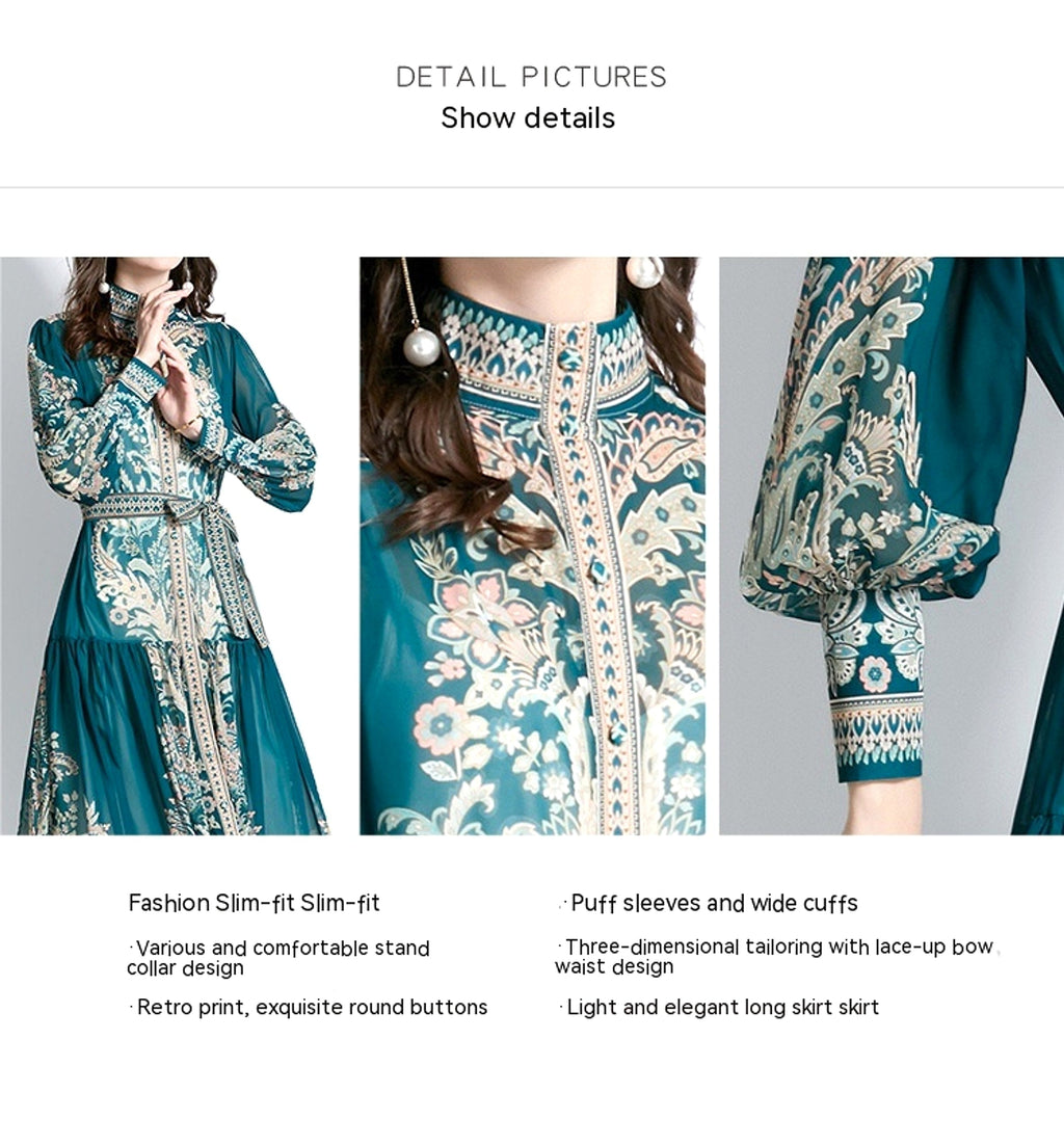 Long Sleeve Stand-up Collar Puff Sleeve Lace Printing Dress